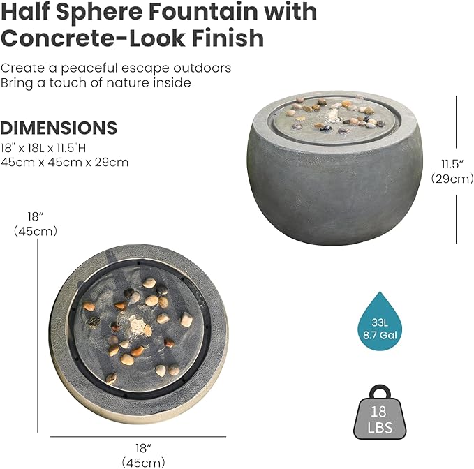 Garden Water Fountain Outdoor Bubbler Water Feature Indoor with Lights & Pump and Pebbles Waterfall Fountains Concrete Effect for Patio Deck Yard Home Decor Gray, 18 "L x 18" W x 11.5" H