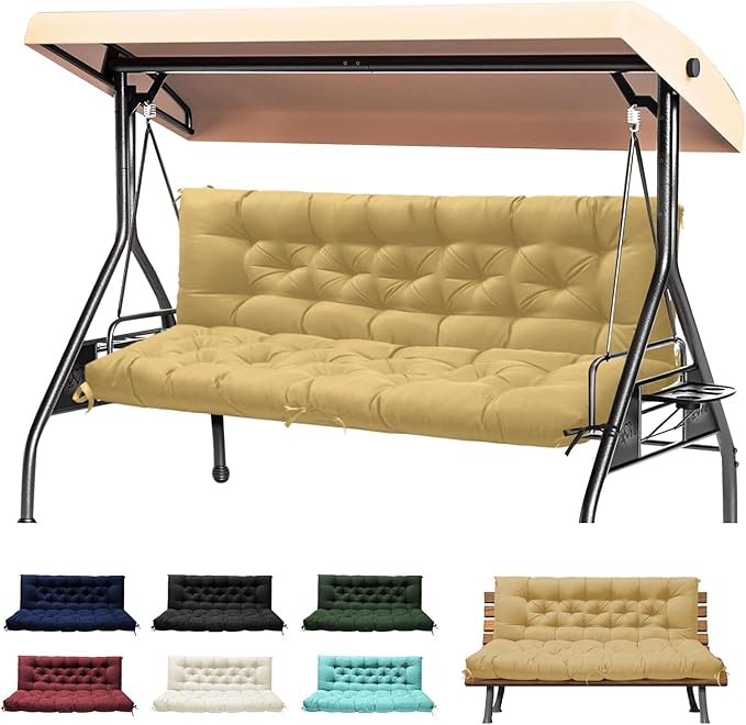 Porch Swing Cushions, Waterproof Swing Cushions Replacement with Backrest, Outdoor Swing Bench Cushions 2-3 Seater Replacement for Patio Furniture (Khaki, 60''×40'')
