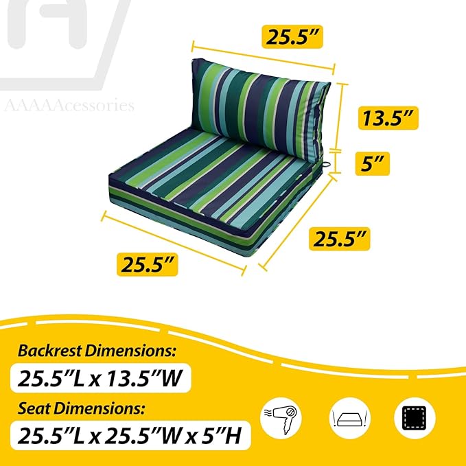 AAAAAcessories Outdoor Seat Cushions for Chairs, Fade-Resistant, Waterproof Patio Furniture Replacement Cushions, 25.5" x 25.5" x 5" + 25.5" x 13.5", Set of 4, Stormy Teal Coastal Stripe