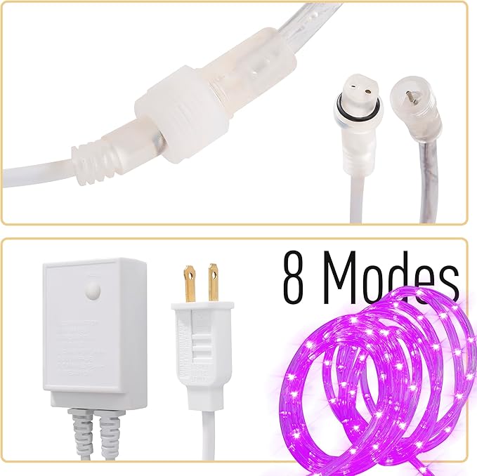 Waterproof LED Rope Lights, Connectable & Flexible with 8 Modes, Outdoor Lighting for Deck, Garden, Pool, Patio & Christmas Decor (Purple, 50ft)