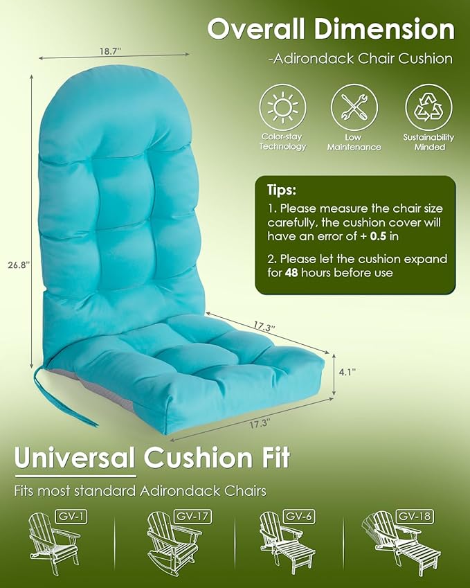 GREENVINES Adirondack-Chair-Cushions-Set-of-4 | Polyester | Waterproof | Outdoor High Back Rocking Chairs Cushion | Seat with Ties | Non-Slip | Thickened Pad for Patio | 44.5" x 17.3" x 4.1" | Arctic