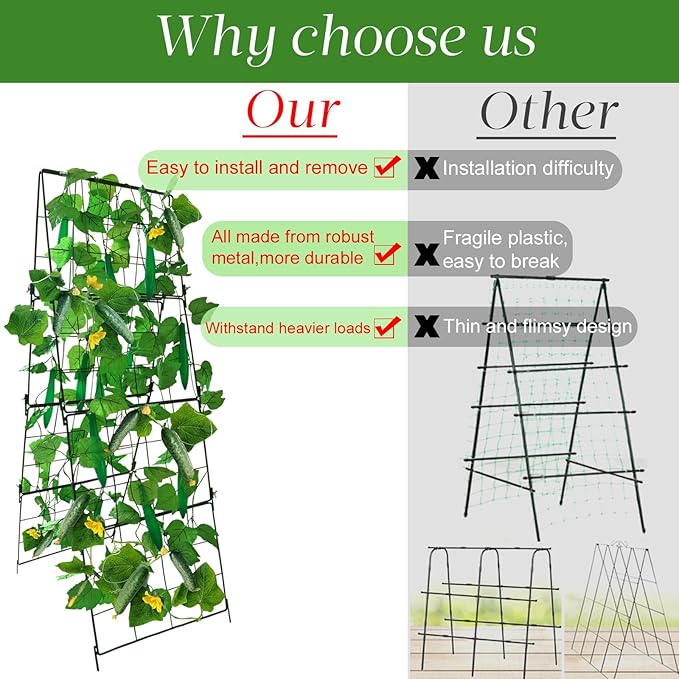 Thickened Cucumber Trellis for Raised Garden Bed,48"x16" Foldable Frame Metal Vegetable Trellis for Climbing Plants Outdoor Plant Support for Grape Tomato Peas, Fruit, Vine,Bean(Green)