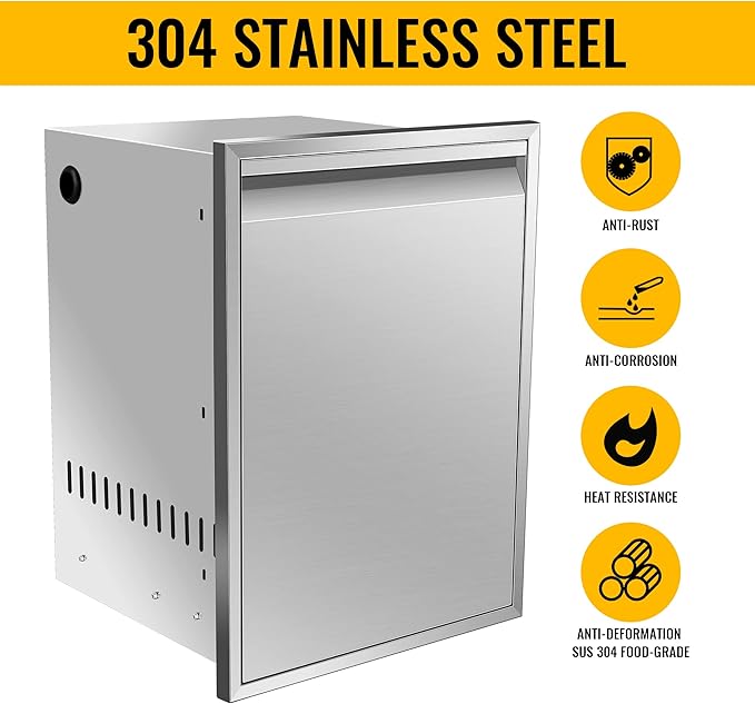 Built-in Single Trash Drawer 17'' W x 23'' H x 16'' D, Pull-Out Tray Outdoor Kitchen Stainless Steel with Handle Storage Bins or Propane Tank for BBQ Island Grill Station