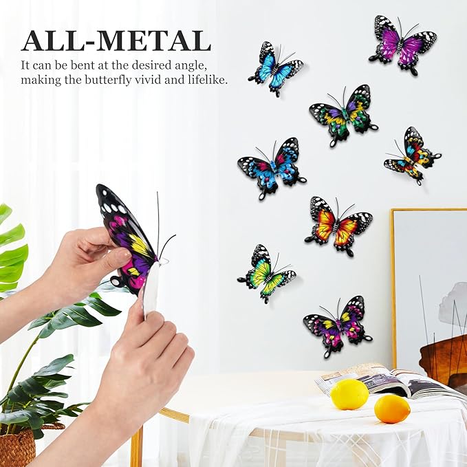 8 Pack Metal Butterfly Wall Decor, 6.7" 3D Outdoor Fence Wall Art Decor, Butterflies Wall Sculpture Hanging Decorations for Garden Yard Living Room Bedroom Patio Balcony, Gifts for Mom Friends