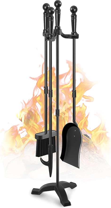 Gtongoko Fireplace Tools Set 4 Pcs 30 Inch Black Wrought Iron Large Fire Tool Set for Outdoor/Indoor Include Chimney Poker, Antique Shovel, Rustic Brush and Stand Accessories Set