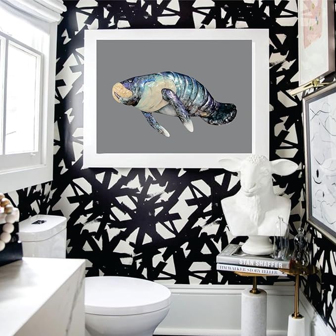 Manatee Metal Wall Art Fish Décor Sign, Handmade and Acrylic Handpainted Blue with White Pearl Capiz Shell, Coastal Beach House Style for Bathroom, Garden, Fence, Hallway, Deck, Outdoor (20x11x3in)