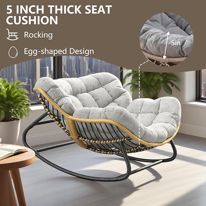 Oversized Rocking Chair,Outdoor/Indoor Patio Papasan Rocker with Thick Cushion, Rattan Wicker Lounge Egg Chair for Bedroom, Living Room, Porch, Garden Backyard-Grey