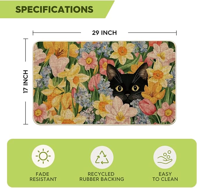 Artoid Mode Black Cat Floral Flowers Spring Doormat,Home Decor Door Mat Low-Profile Switch Rug Floor Mat for Indoor Outdoor 17x29 Inch