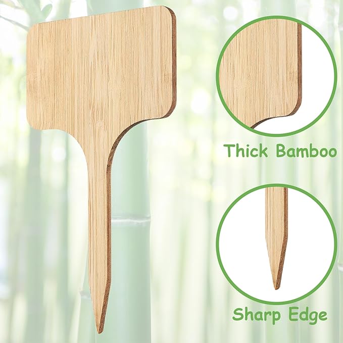 140 Pcs Bamboo Plant Labels with 1 Marker Pen, T-Type Natural Seedling Nursery Sign Tags, Wood Garden Markers Decorative Patio Tags for Outdoor Indoor Potted Plants Herbs Flowers Vegetables