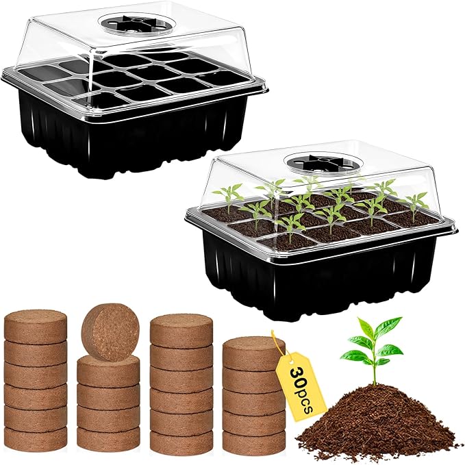 Zeedix 2 Set Seed Starter Tray Kits with Soil, 2 Pack Seed Trays with 30 Pack Coco Coir Pellets, Adjustable Humidity Germination Tray with Dome Lids for Indoor Plants, Greenhouse for Vegetables Garden