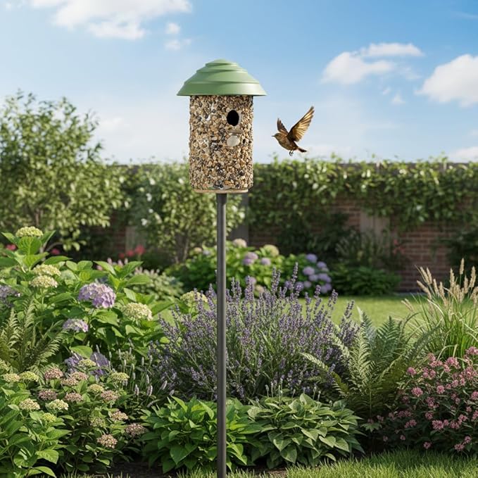 Outdoor Wren Bird House with River Pebble Composite Roof – Decorative Wooden Nesting Box for Wrens, Finches & Small Songbirds – Weather-Resistant Hanging Backyard Habitat, 10 Years (Green)