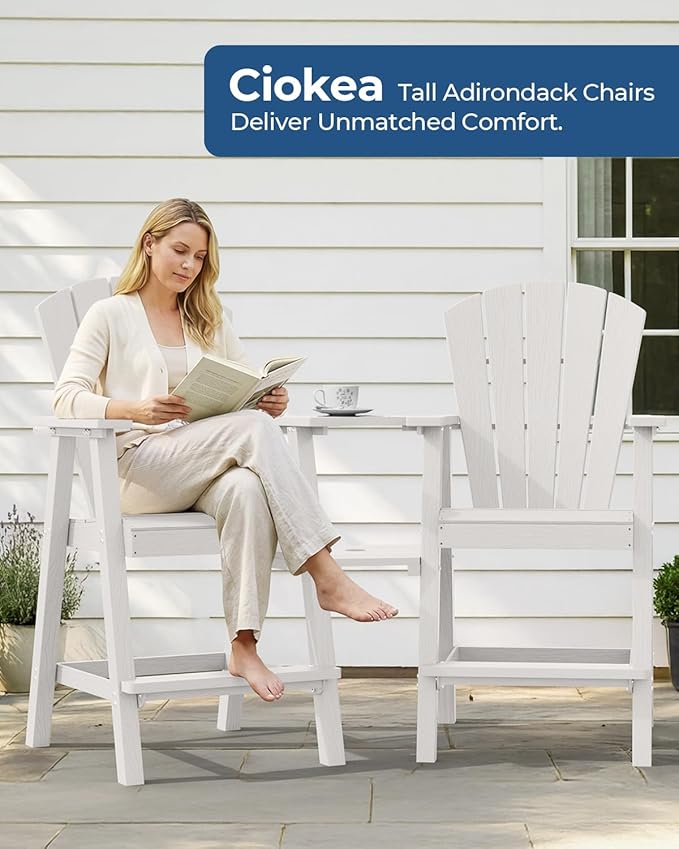 Ciokea Tall Adirondack Chairs Set of 4, HDPE Outdoor Adirondack Bar Stools with Double Connecting Tray, Weather Resistant High Back Adirondack Balcony Chairs for Deck, Lawn, Pool, Backyard, White