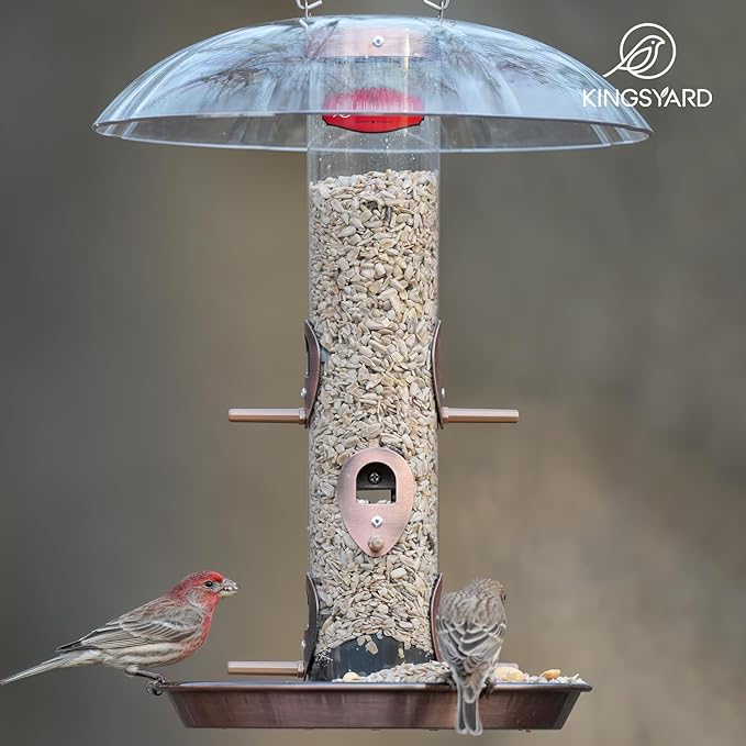 Kingsyard Metal Bird Feeders for Outdoors Hanging, Wild Bird Feeder with Large 11.5" Protective Dome and 8" Removable Tray, 3 lb Seeds Capacity (Antique Copper)