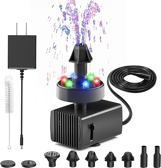24-Hours Working Bird Bath Fountains Electric, Adjustable Quiet Water Fountain Pump with LED Lights for Garden,Small Fish Tank, Pond,Water Features - 7 Nozzles,16.4Ft Power Cord