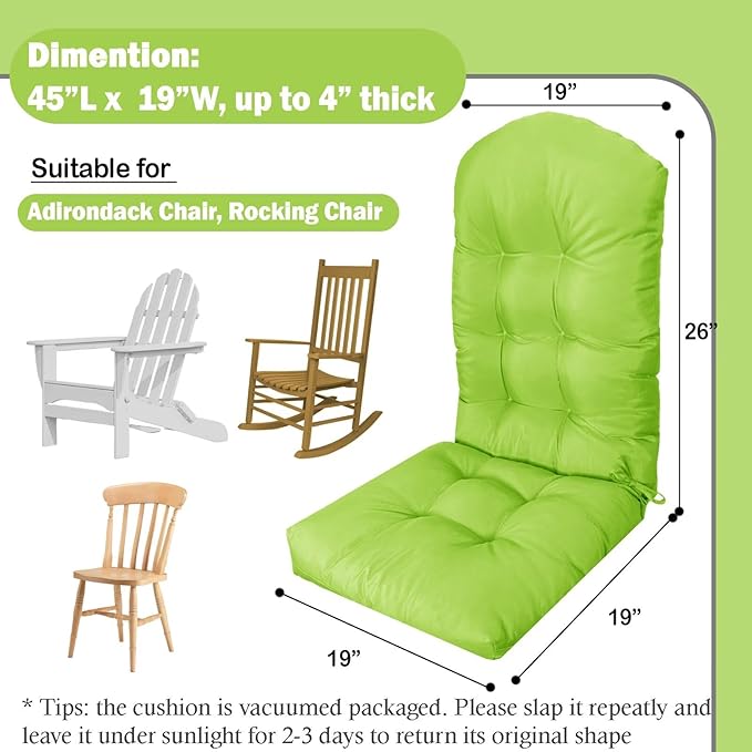 Adirondack Chair Cushion, Waterproof Outdoor Seat Cushions for Patio Furniture, Thick High Back Replacement Pad for Porch Lawn Wicker Dining Desk Chair, Rocking Chair Cushion, Fruitgreen