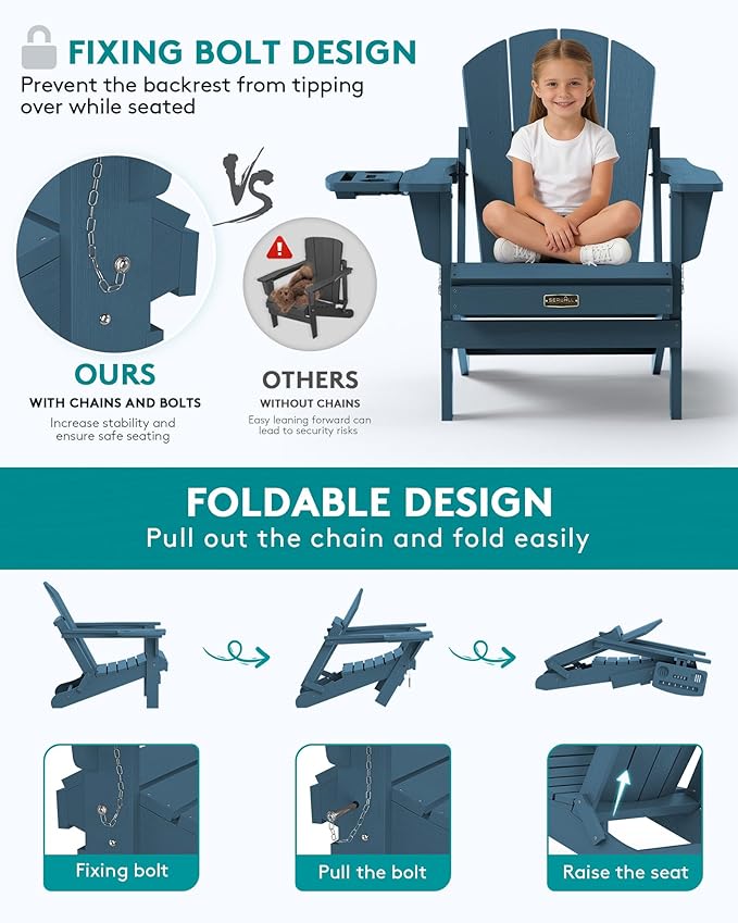 SERWALL Foldable Adirondack Chair Set of 4, HIPS Adirondack Chairs with 4 in 1 Cup Holder, Weather Resistant Fire Pit Chair for Patio, Garden, Outdoors, Poolside - Blue