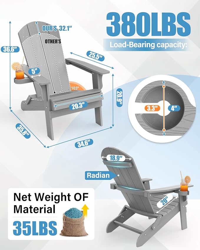 YEFU Adirondack Chair, Foldable Oversized Plastic Adirondack Chair Set of 4 with Cup Holder, Patio Chair with Weather Resistant for Outside Deck Lawn, Weight Capacity Up to 400 Lbs –Grey