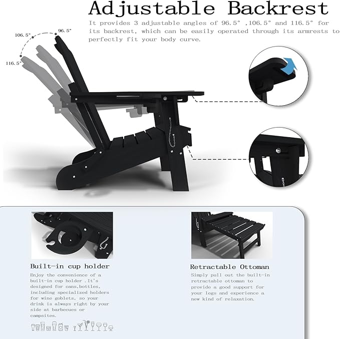 Folding Adjustable Adirondack Chairs with Ottoman & 1 Cup Holders, HDEP Multifunctional Adirondack Chair with Footrest,Black