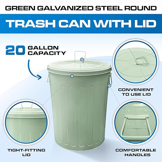 Plexon Large Metal Trash Can with Lid 20 Gallon, Decorative Outdoor Trash Can Heavy Duty Galvanized Metal Bucket with Lid for Garage Workshop Ash Storage Farmhouse, Green 6 Pack