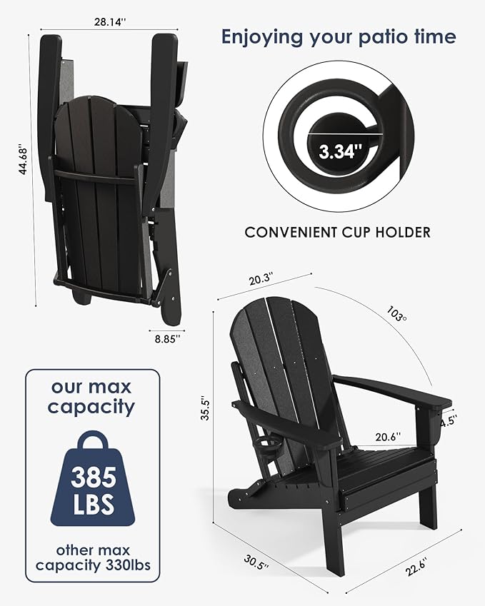 Folding Adirondack Chairs Set of 4, All-Weather Resistant HDPE Patio Firepit Chairs, Sturdy Outside Chairs with Cup Holder, Lawn Chairs, 80% Pre-Installed Load Capacity 385lb, Black