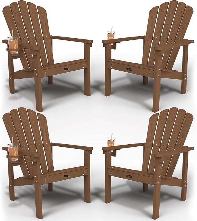 Stackable Adirondack Chair Set of 4, HDPE All-Weather Adirondack Chairs - Durable and Space Saving, Plastic Outdoor Fire Pit Chairs with Cup Holder,Wood