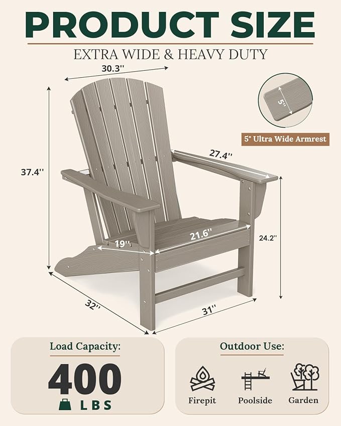 BRIOPAWS Oversized Adirondack-Chairs-Set of 4 | HDPE Plastic | Fire Pit Chair | Wood Grain | All Weather | for Deck Outdoor Poolside Campfire