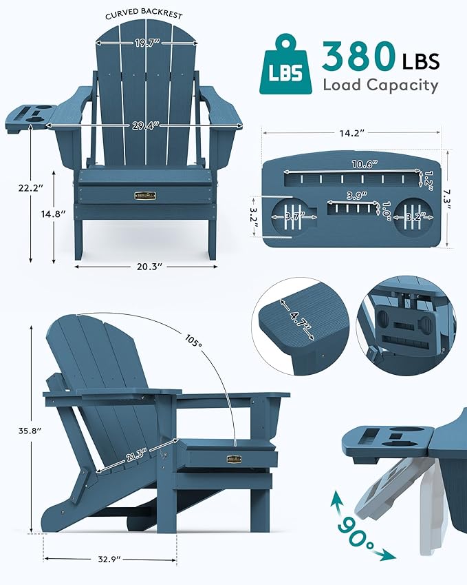 SERWALL Foldable Adirondack Chair Set of 4, HIPS Adirondack Chairs with 4 in 1 Cup Holder, Weather Resistant Fire Pit Chair for Patio, Garden, Outdoors, Poolside - Blue
