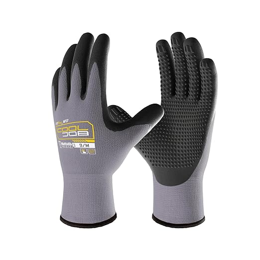 COOLJOB 3/6/12 Pairs Nitrile Rubber Coated Nylon Safety Work Gloves, Dotted for Non-Slip Grip, Breathable Soft Seamless Knit Nitrile Dipped Gloves for Warehouse, Home Improvement, Yard, Grey Xlarge
