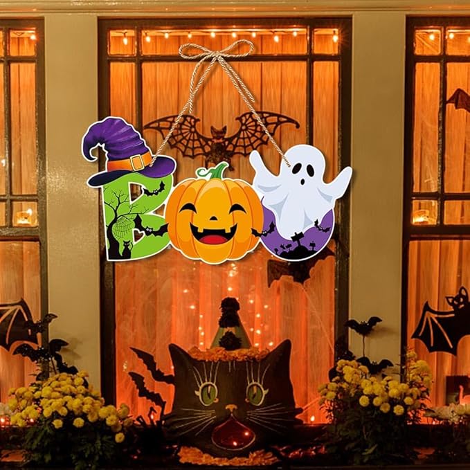 Halloween BOO Decorations Cute Pumpkin & Ghost Hanging Sign Front Door Hanger Wreath Decor Indoor Outdoor Decor for Halloween Party Home Farmhouse Wall Porch Yard Window Decoration Supplies