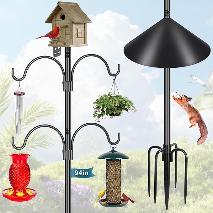 Gtongoko Smart Bird Feeder Pole Squirrel Proof 1-Inch Dia 94 Inch with 4 Shepherds Hooks Hanging Bluebird House Pole for Outdoors Squirrel Baffles for Feeders Metal Heavy Duty Mounting Kit