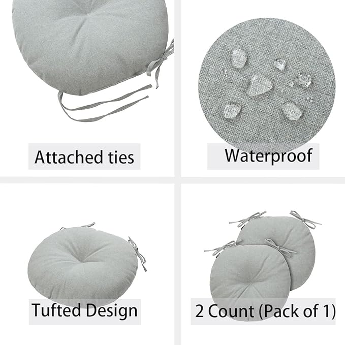 Bistro Chair Cushions 15 inch,Set of 2,Tufted Round Chair Cushions with Ties,15"x15"x4",Water Resistant Round Seat Cushion for Barstool Chairs,Patio Garden Kitchen Outdoor Furniture(Light Gray)