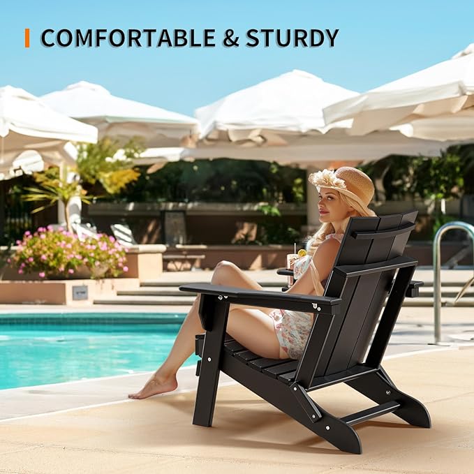VINGLI Oversized Plastic Folding Adirondack Chairs with Cup Holder, Waterproof HDPE Outdoor Fire Pit Chairs for Patio, Pool, Bonfire, Capacity 400LBS, Black