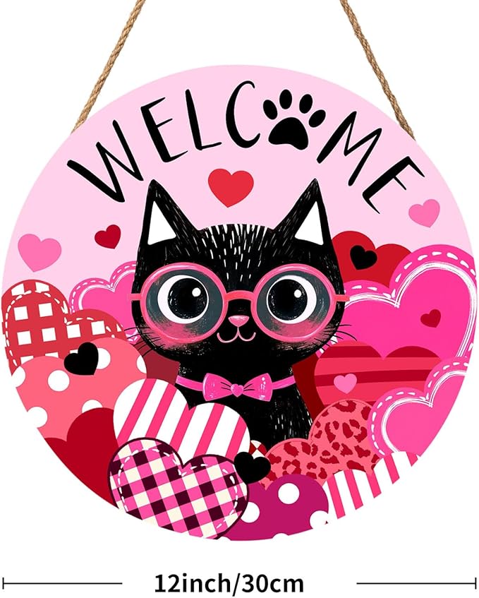 Welcome Valentine's Day Black Cat Door Sign For Front Door Decor,Pink Love Heart Wooden Sign 12"x 12" Round Wood Hanging Door Sign Anniversary Wedding Decoration for Wall Rustic Decor