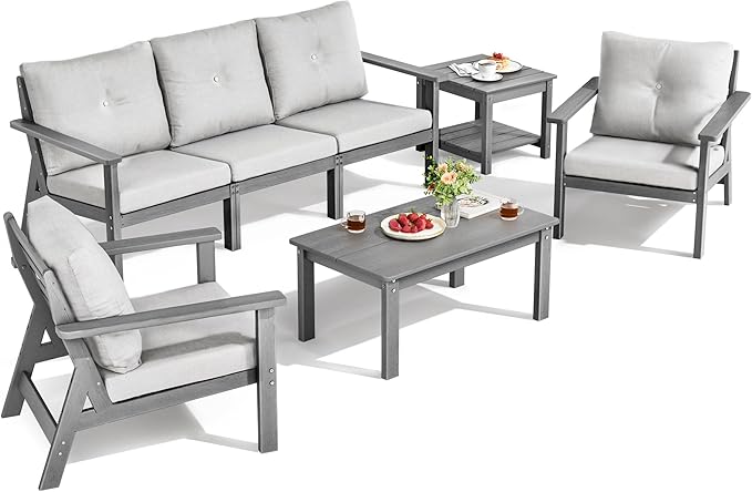 7-Piece HDPE Patio Furniture Set, Outdoor Sectional Sofa Set,All Weather Outdoor Couch with Dust-Free Cushions, Durable Patio Conversation Sets for Balcony, Porch, Gray