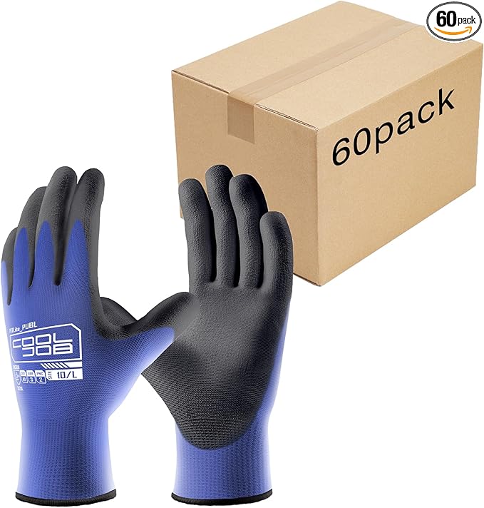 COOLJOB 60 Pairs Safety Work Gloves Pack Bulk with Grip PU Coating, 13 Gauge Seamless Knit Gloves with Polyurethane Dipped for Warehouse Working, Breathable Lightweight for Men Women, Blue Large