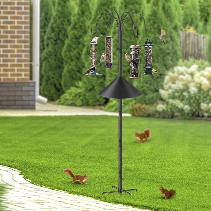Bird Feeder Pole Stand Squirrel Proof for Outdoors Heavy Duty Shepherds Hook for Bird Feeder with Baffle, 88in Tall Double Garden Hooks for Hanging Plant Light, 1 Pack