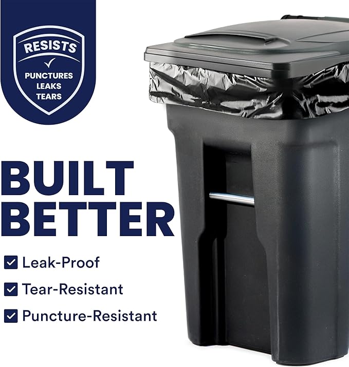 Plasticplace 64-65 Gallon Black Trash Bags, Heavy Duty Toter Can Liners, Tear & Leak-Proof, Industrial Strength, 25 Count, Large Garbage Bags for Kitchen & Commercial Use 1.2 Mil, 50" x 60"