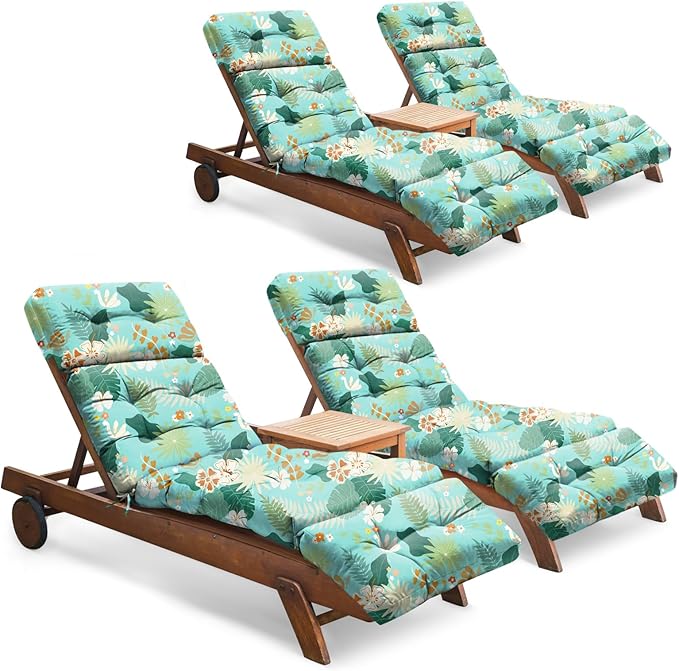 Outdoor Chaise Lounge Chair Cushion Set of 4, Waterproof 74.4 x 22 x 4.7 Inches Memory Foam Thickened Lounge Chair Cushions Replacement for Outdoor Furniture with Ties, Cyan Floral Leaf