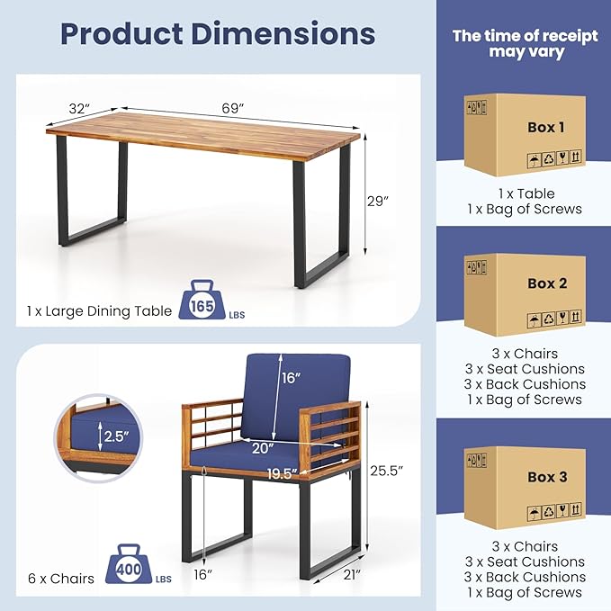 Tangkula 7 Piece Patio Dining Set, Acacia Wood Dining Chair & Table Set, 69” Spacious Tabletop with Umbrella Hole, Heavy-Duty Metal Support, Dining Set for Backyard, Poolside