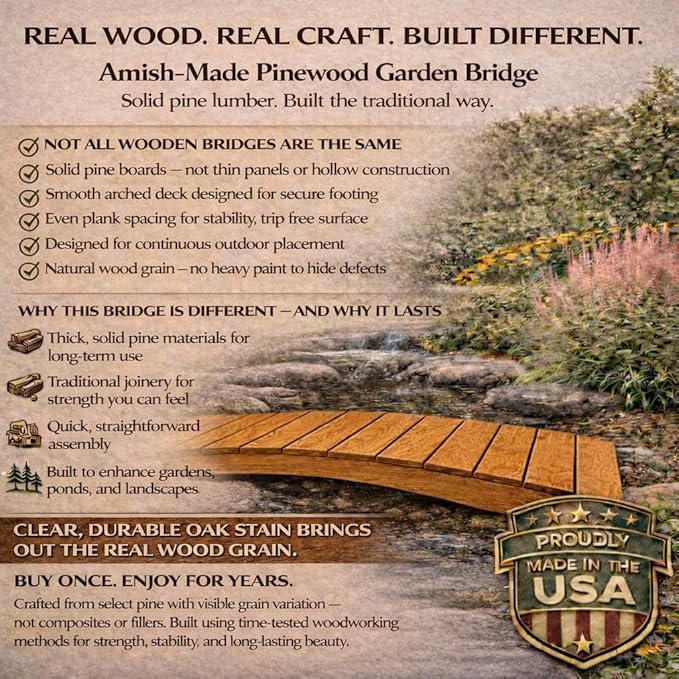 8 FT Oak Amish Made Pinewood Heavy Duty Garden Bridge for Walkway, Backyard Pond & Landscaping, Outdoor Wooden Footbridge for Koi Pond, Japanese Style Decorative Bridge, Made in USA