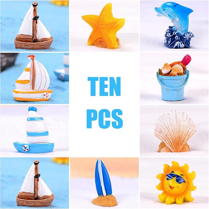 10 PCS Miniature Beach Figurines - Mini Shell Dolphin Starfish Sailboat Decorations, Ocean Diorama Supplies, Cake Topper
