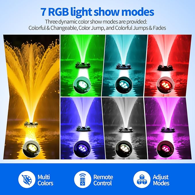 1HP Pond Fountain Aerator for Large Pond & Lake, 15000 GPH Pond Fountain with 4 RGB Lights, 110V/750W Stainless Steel Floating Aerating Fountain with Timer, 100 ft Power Cord & 200 ft Nylon Rope