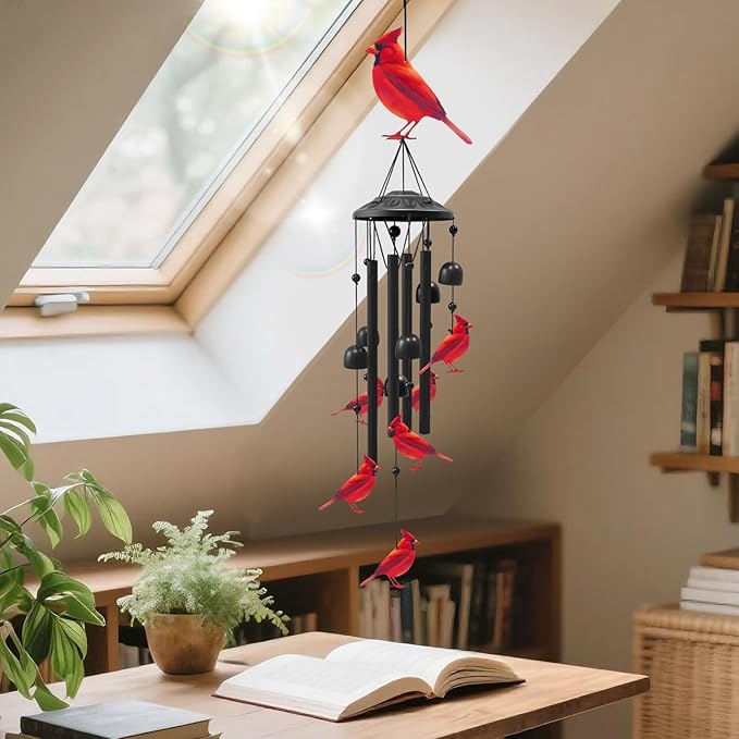 Cardinal Wind Chimes for Outside, Black Metal Windchimes Outdoors, Cardinals Gifts for Women/Men, Garden/Yard Decor, Memorial/Birthday Gifts for Grandma/Mom, Durable Chimes for Outdoors