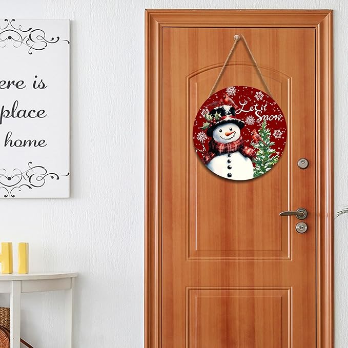 Winter Snowflake Red Door Sign For Front Door Decor,Xmas Snowman Cardinal Bird Wooden Sign 12"x 12" Round Hanging Door Sign Decoration for Wall Rustic Decor