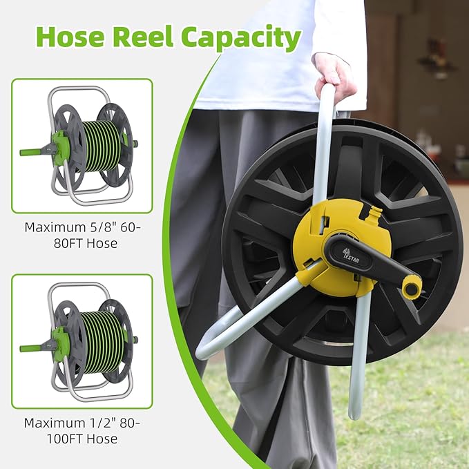 Water Hose Reel Cart, Holds 60-80 Ft of 5/8 Inch Hose, Yellow Wall Mounted Garden Hose Cart, Portable Hose Reel for Convenient Storage and Watering