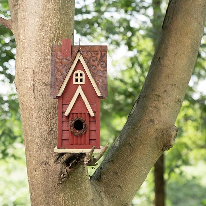 Glitzhome Bird Houses for Outside, Distressed Red Cottage Blue Bird House, 12" H Solid Wood Birdhouse Hanging Bird House for Outdoors