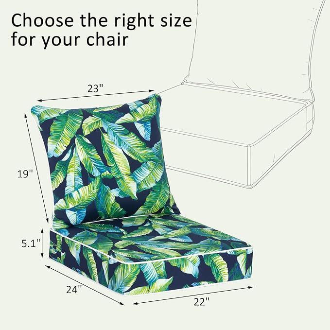 COZYVIDA Outdoor Deep Seat Cushion Set of 2, 22"x24" Seat & 23"x19" Back,Water-Resistant Breathable Fabric,UV-Resistant 1000+ Hrs, 30D Foam with Recycled Fiber Fill and YKK Zippers,Tropical Leaf