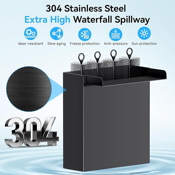 POPOSOAP Pond Waterfall Spillway with 660GPH Pump Kit, 304 Stainless Steel Waterfall with Filtration &9.8FT Corrugated Tubing Outdoor Fountain Kit for Garden, Koi Pond, Backyard,13.4" H x 12"W-P43H