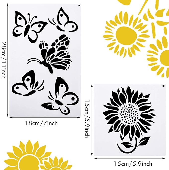 8 Pieces Sunflower Butterflies Painting Stencils Flower Butterfly Stencil Kit for Painting on Wood Wall Canvas You are My Sunshine Reusable Plastic Template for Door Home Decoration