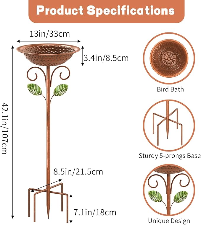 Metal Bird Bath for Outside Garden Birdbath Bowl, 42.1" Height Bird Feeders for Outdoors with 5 Prongs Base Stake, Standing Birdfeeders Bath Bowl for Yard Lawn Decor (Vintage Copper)